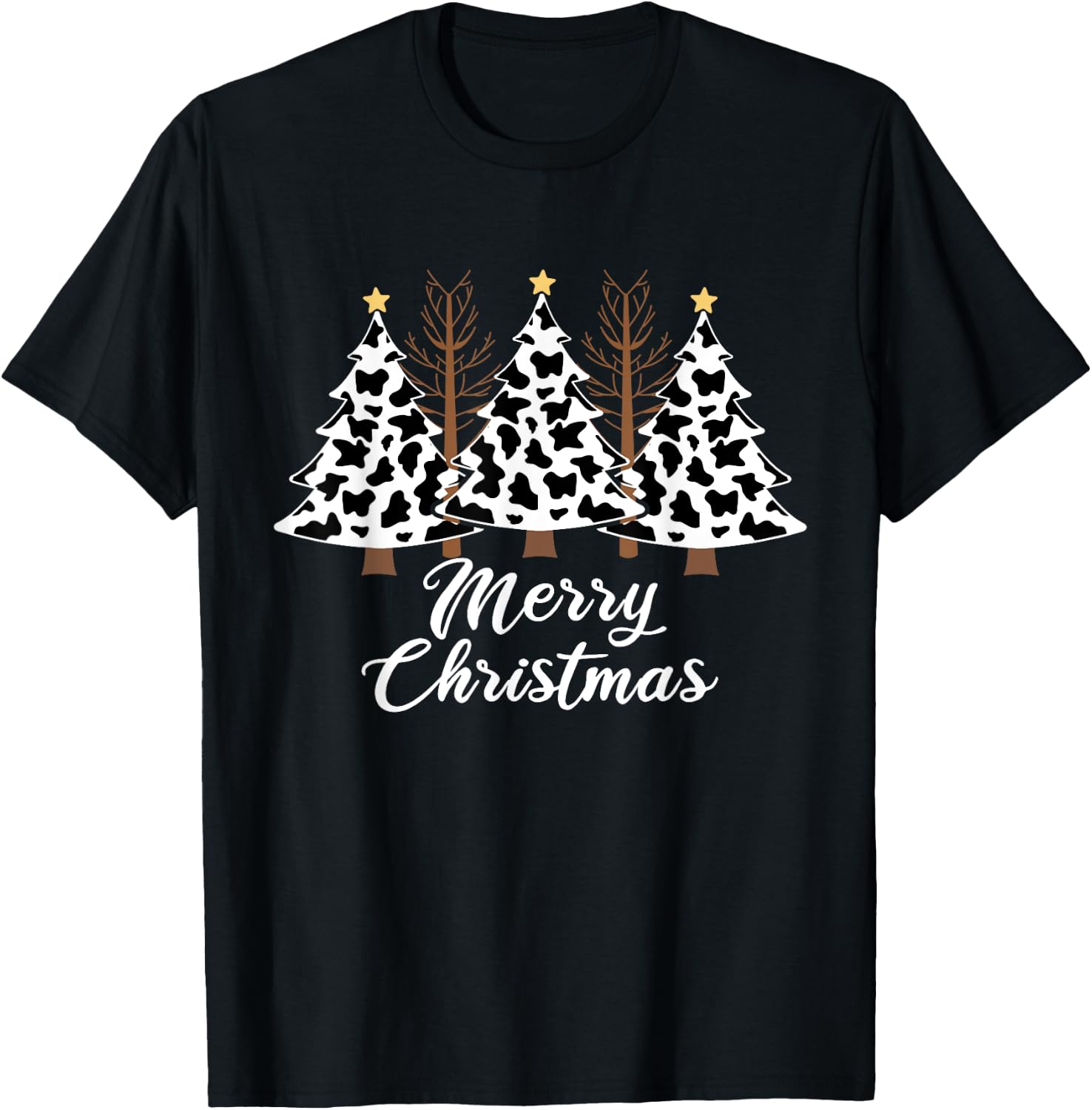 Merry Christmas Tree Cow Print Xmas T-Shirt - T-Shirt | Black