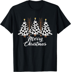 Merry Christmas Tree Cow Print Xmas T-Shirt - T-Shirt | Black