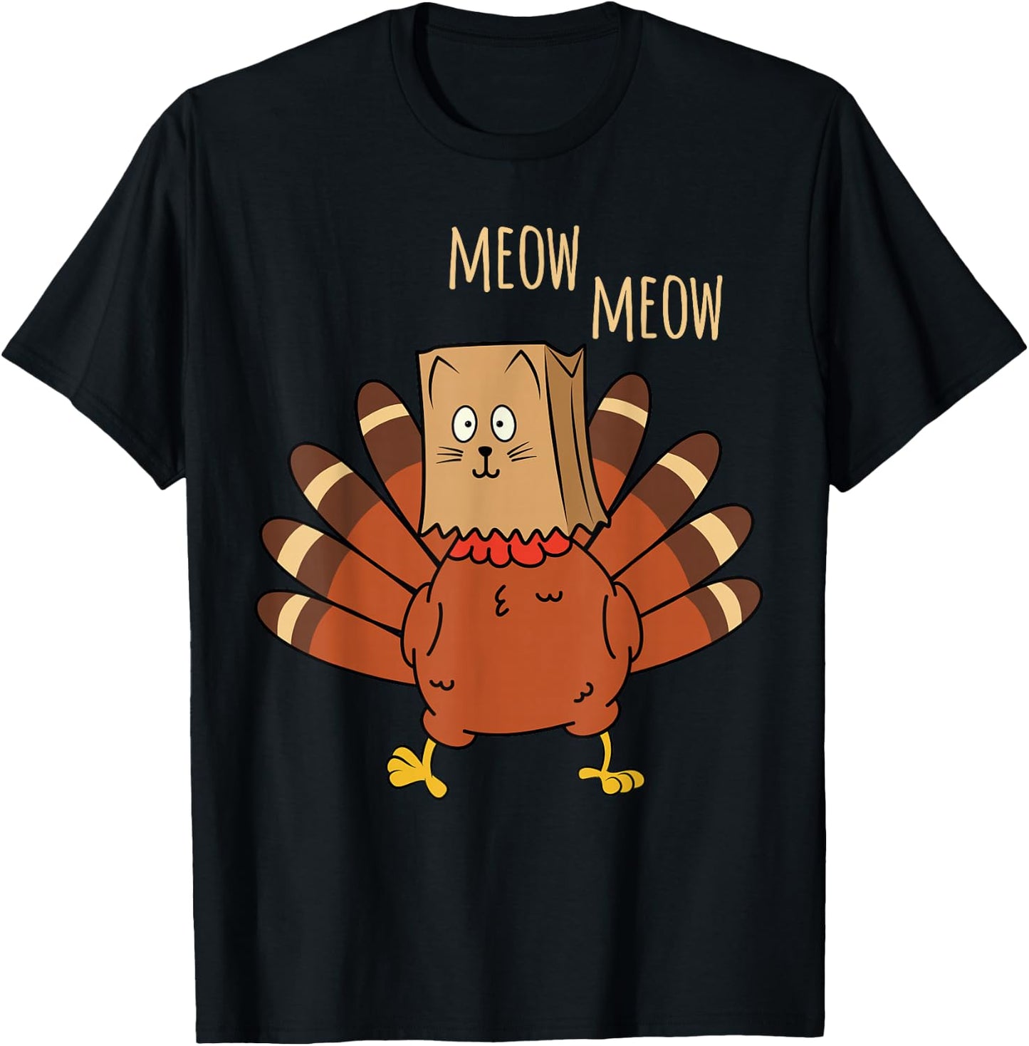 Funny Thanksgiving Cat Fake Cat Meow Thanksgiving Turkey T-Shirt - T-Shirt | Black