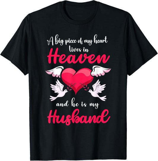 Big Piece Of My Heart Lives In Heaven He Is My Husband Angel T-Shirt - T-Shirt | Black