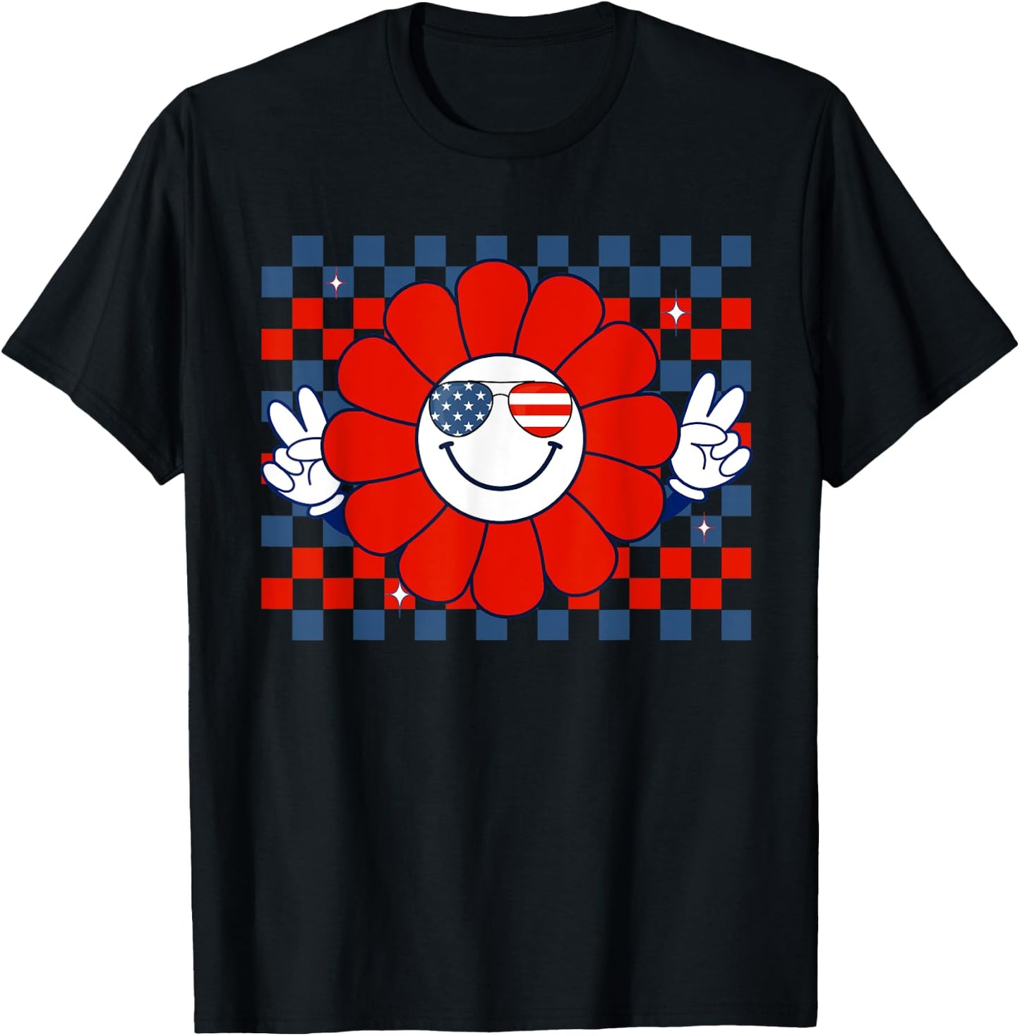 Retro Groovy Fourth 4th of July Smile Checkered Sunglasses T-Shirt - T-Shirt | Black