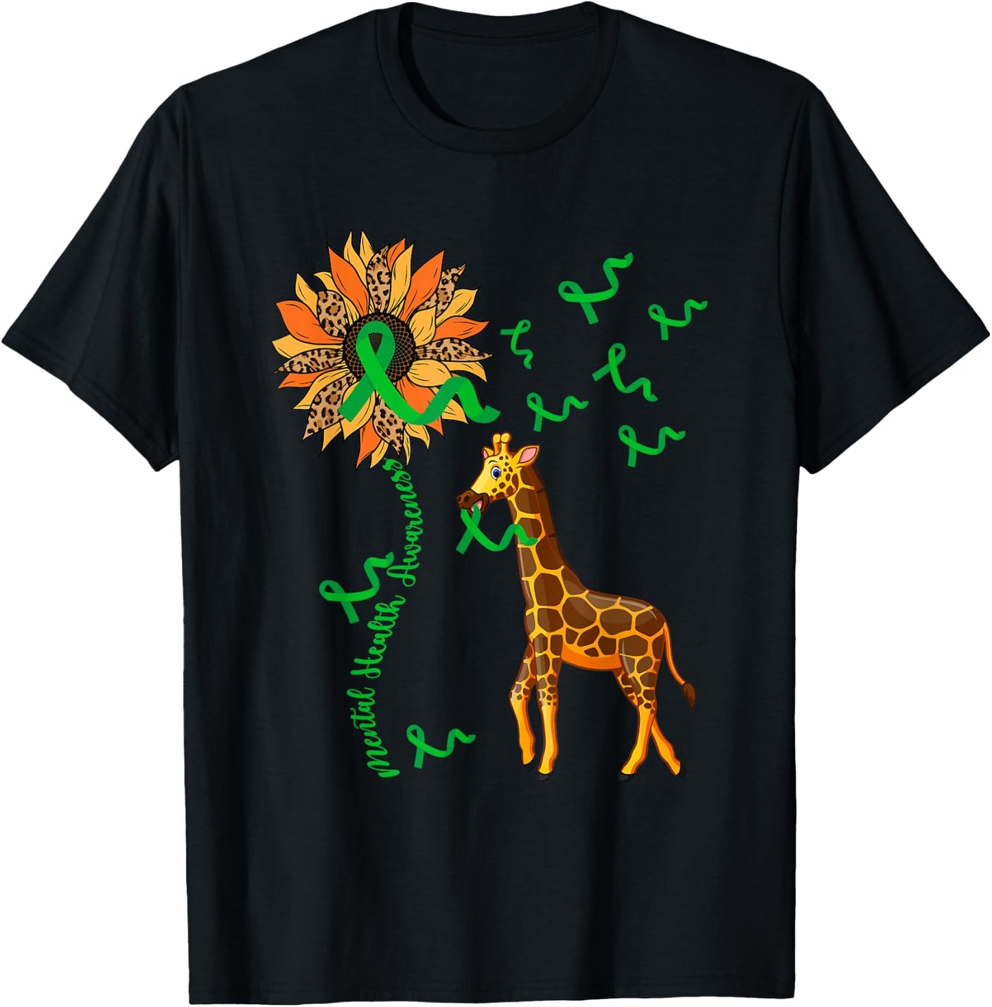 Mental Health Awareness Giraffe Holding Green Ribbons Lover T-Shirt - T-Shirt | Black