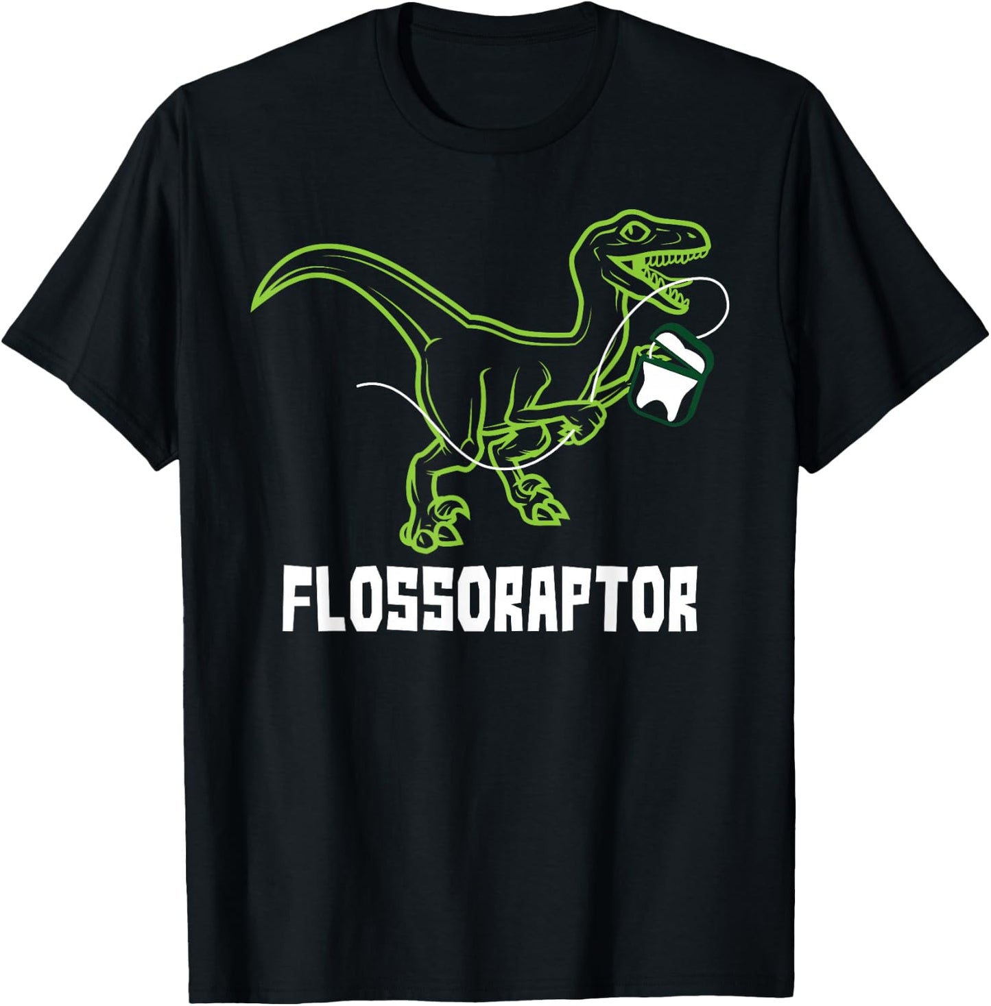 Flossoraptor Dinosaur Funny Pediatric Dentist T-Shirt - T-Shirt | Black