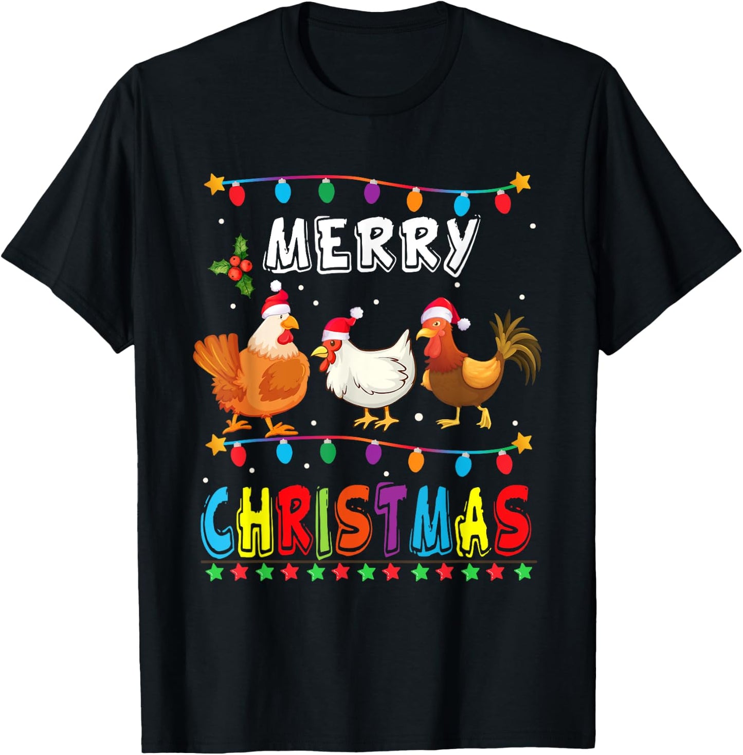 Merry Christmas Chicken Shirt Santa Hat Lights Xmas Funny T-Shirt - T-Shirt | Black