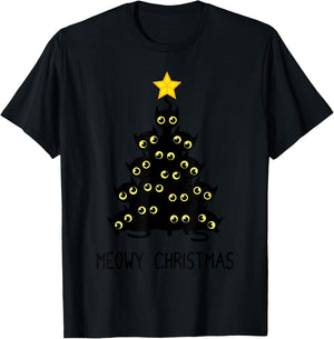 Cat Christmas Tree Cute Black Kitten Lover Meowy Women Kids T-Shirt - T-Shirt | Black