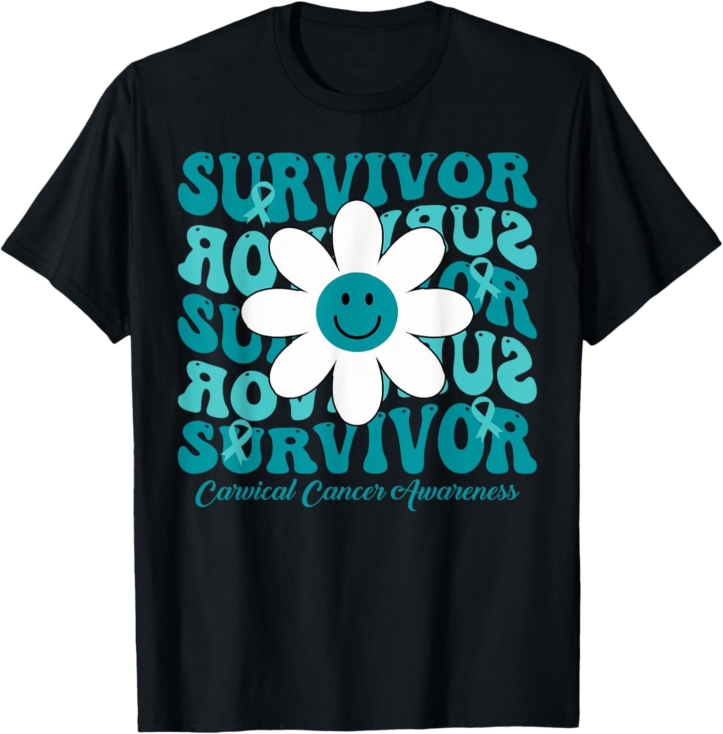 Groovy Flower Survivor Cervical Cancer Awareness T-Shirt - T-Shirt | Black