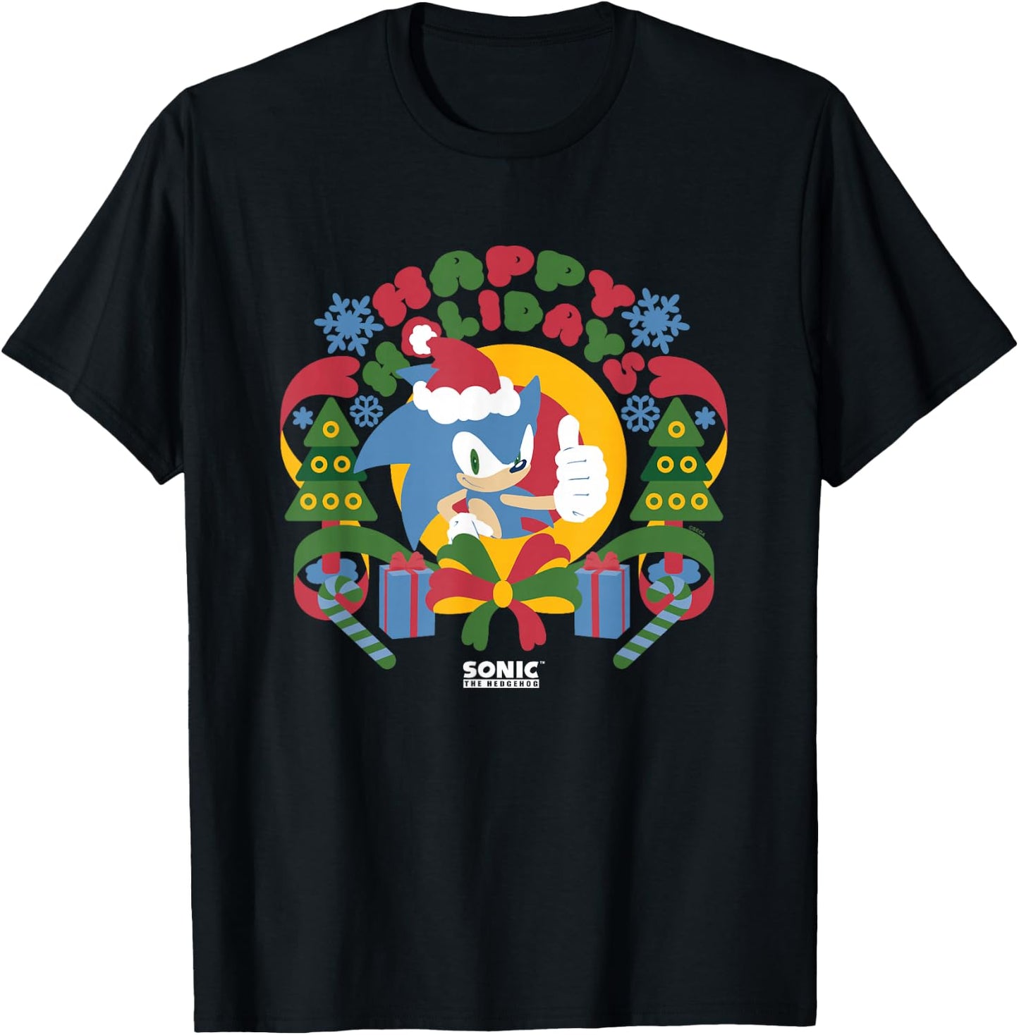 Sonic The Hedgehog Christmas Happy Holidays Vintage Logo T-Shirt - T-Shirt | Black