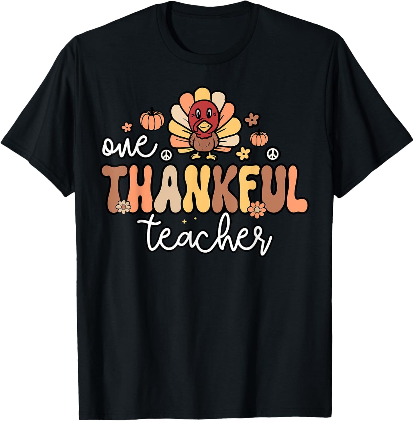 One Thankful Teacher Retro Groovy Turkey Thanksgiving School Women T-Shirt - T-Shirt | Black