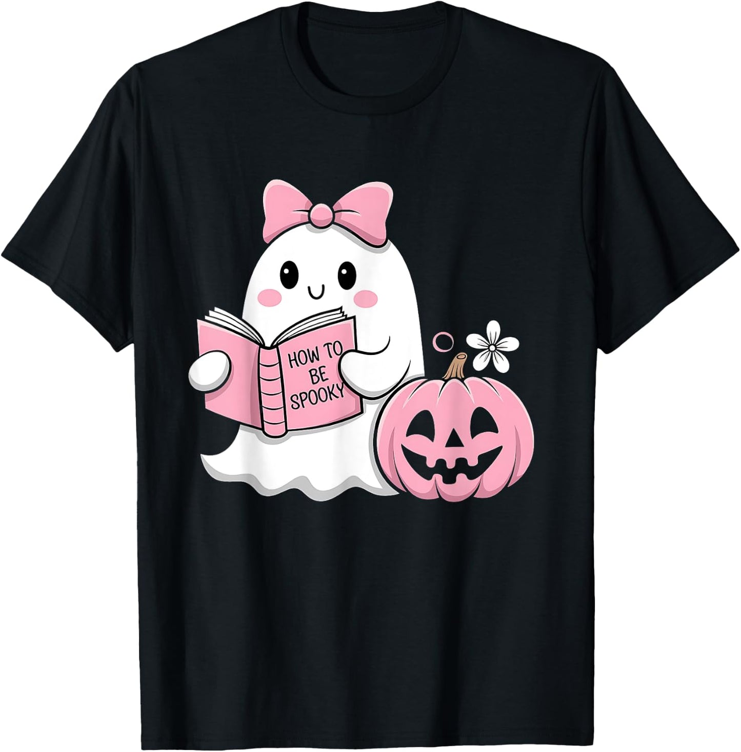 Cute Halloween Ghost Pink Pumpkin Reading How to Be Spooky T-Shirt - T-Shirt | Black