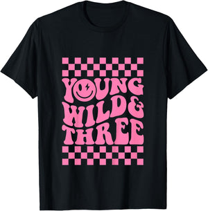 Young Wild And Three Groovy Toddler Birthday Girl T-Shirt - T-Shirt | Black