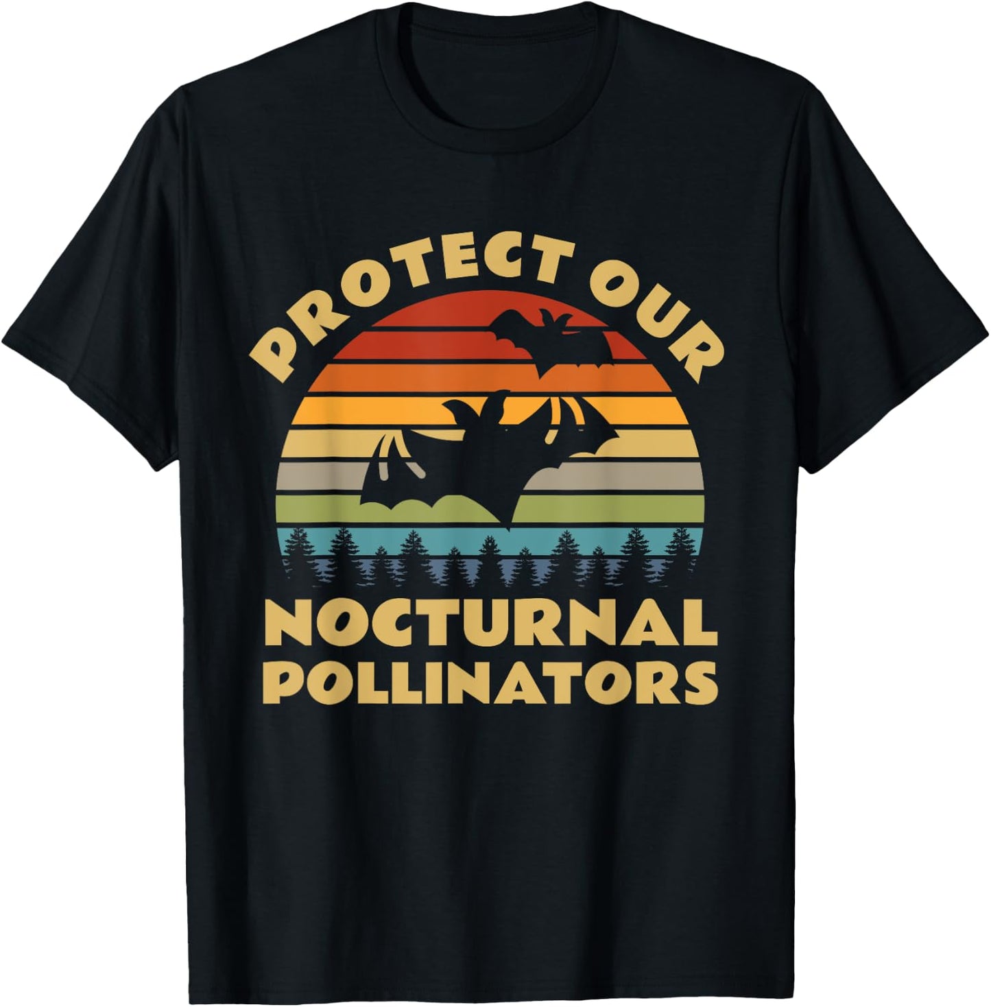 Protect Our Nocturnal Pollinators Retro Bat Sunset T-Shirt - T-Shirt | Black