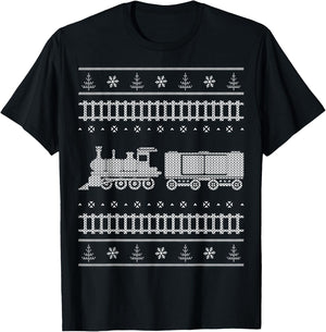 Train Locomotive Ugly Christmas Sweater Style Shirt T-Shirt - T-Shirt | Black