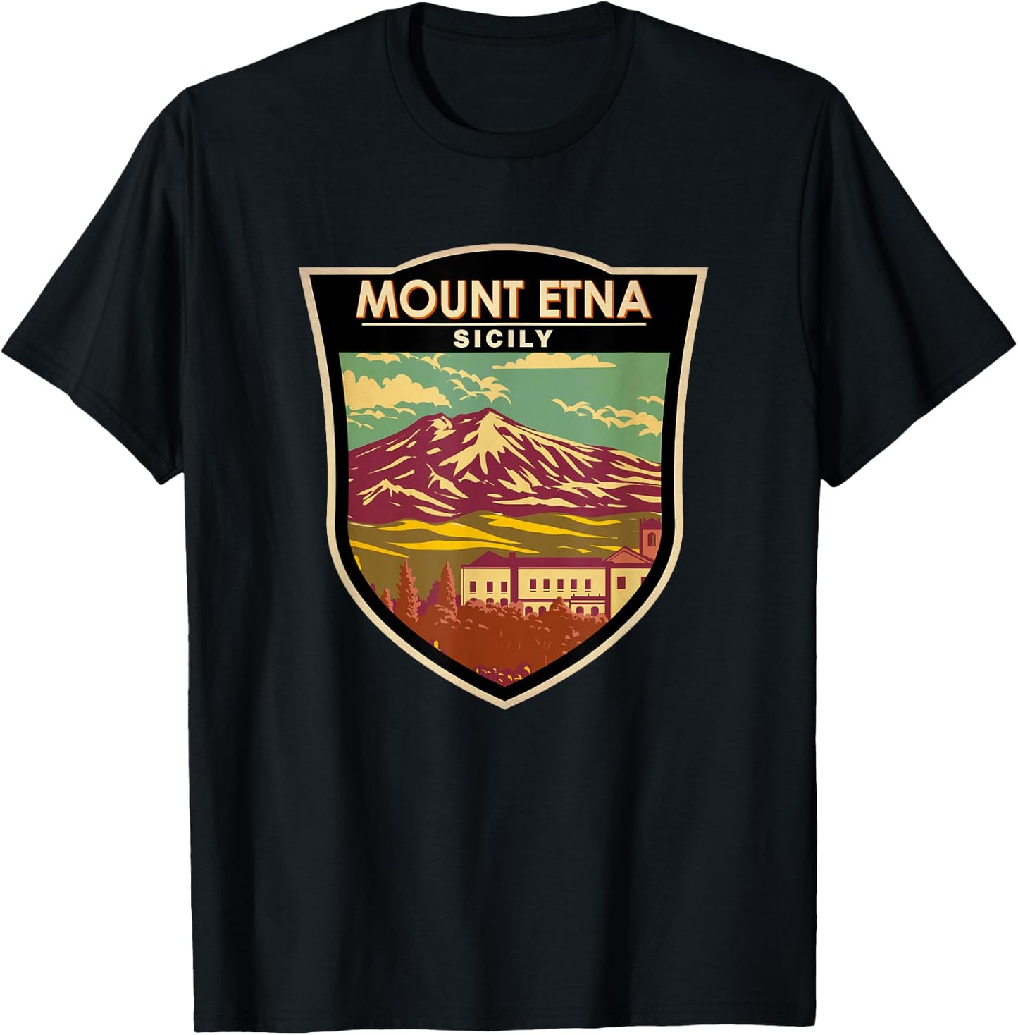 Mount Etna Sicily Landmark Badge Vintage T-Shirt - T-Shirt | Black