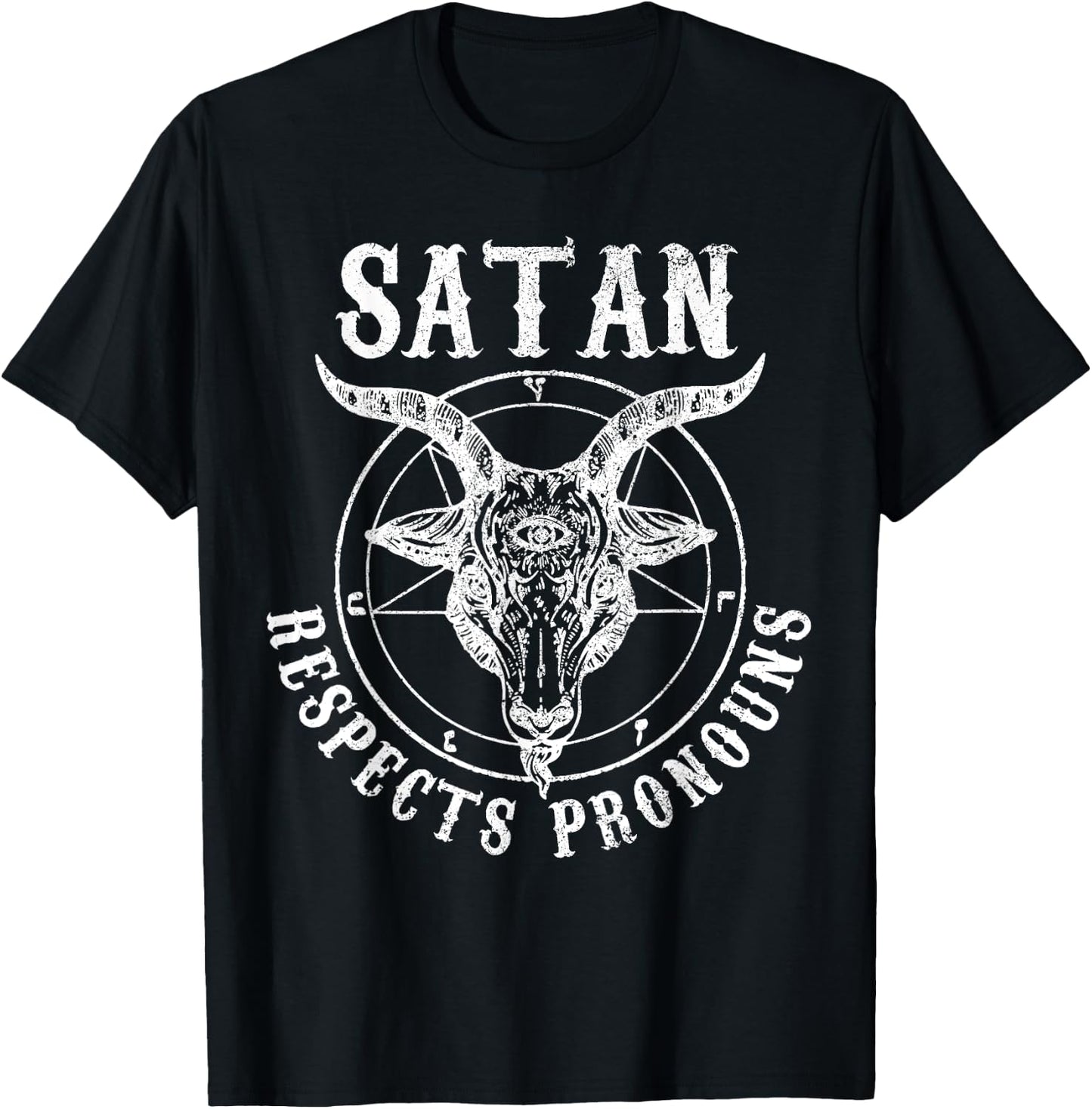 Satan Respects Pronouns Satanic Pride Month LGBTQ Baphomet T-Shirt - T-Shirt | Black