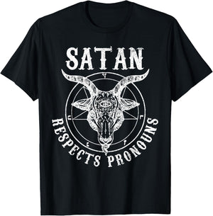 Satan Respects Pronouns Satanic Pride Month LGBTQ Baphomet T-Shirt - T-Shirt | Black