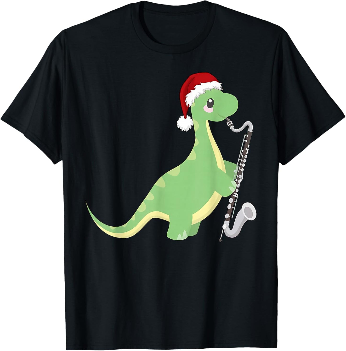 Christmas Cute Dinosaur Playing Bass Clarinet Music Teacher T-Shirt - T-Shirt | Black