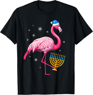 Jewish Santa Pink Flamingo Menorah Hanukkah Merry Christmas T-Shirt - T-Shirt | Black