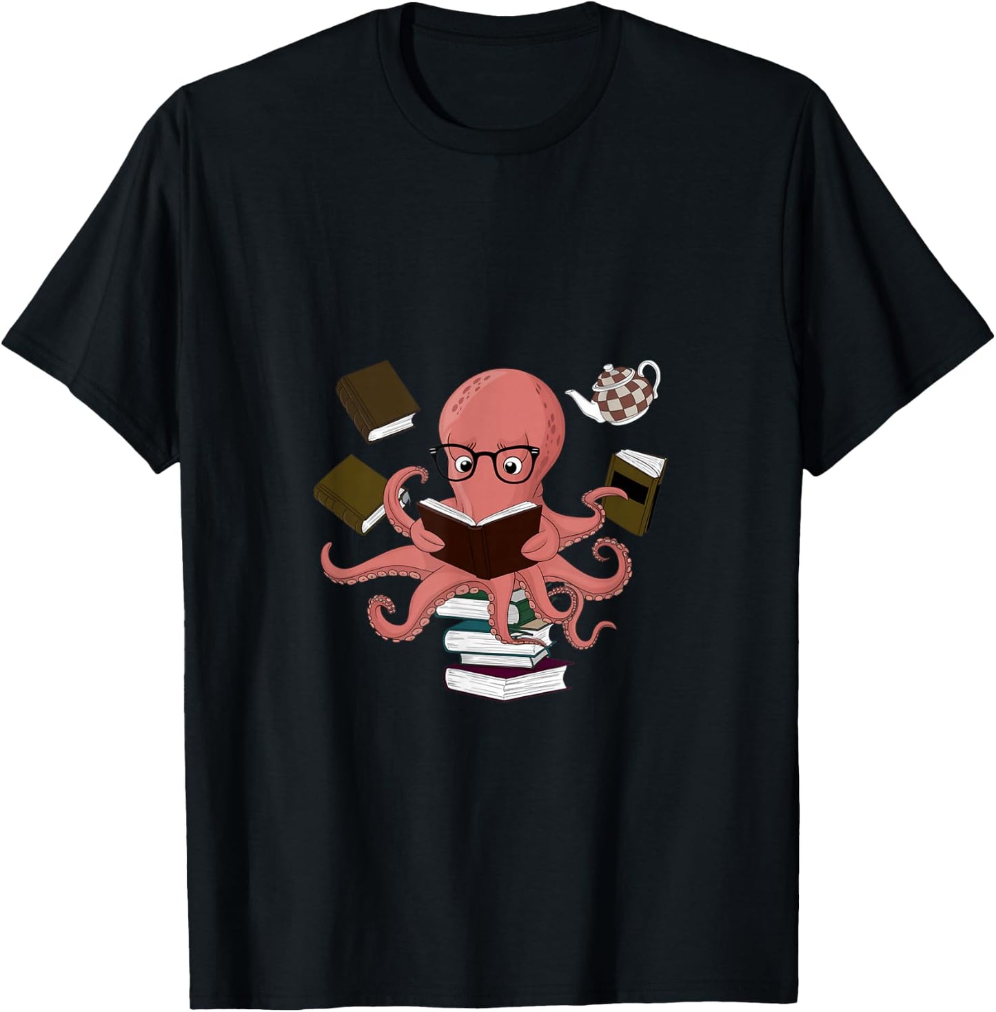Octopus Holding Books Teacher Book Lover Reading T-Shirt - T-Shirt | Black