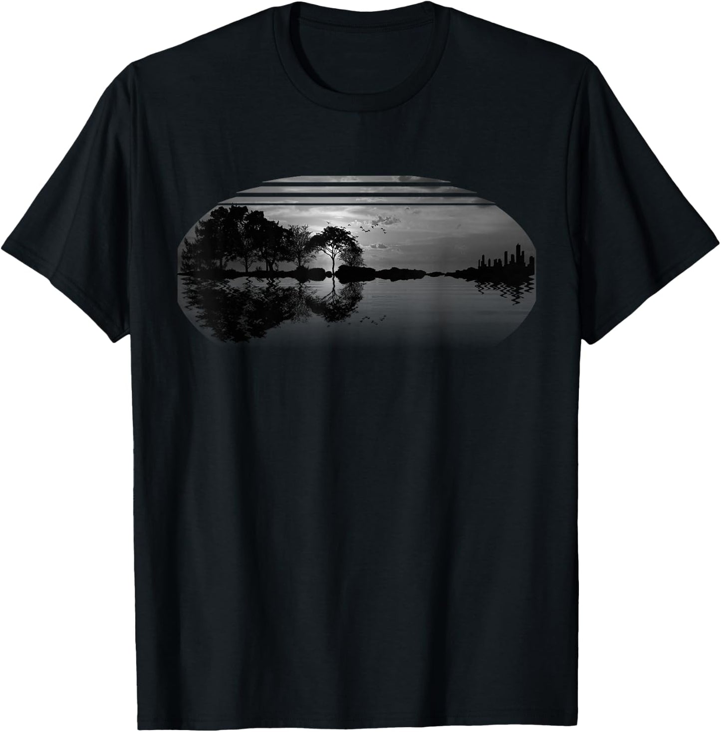 Guitar Gray Sky Trees City Lake Reflection Special Design T-Shirt - T-Shirt | Black