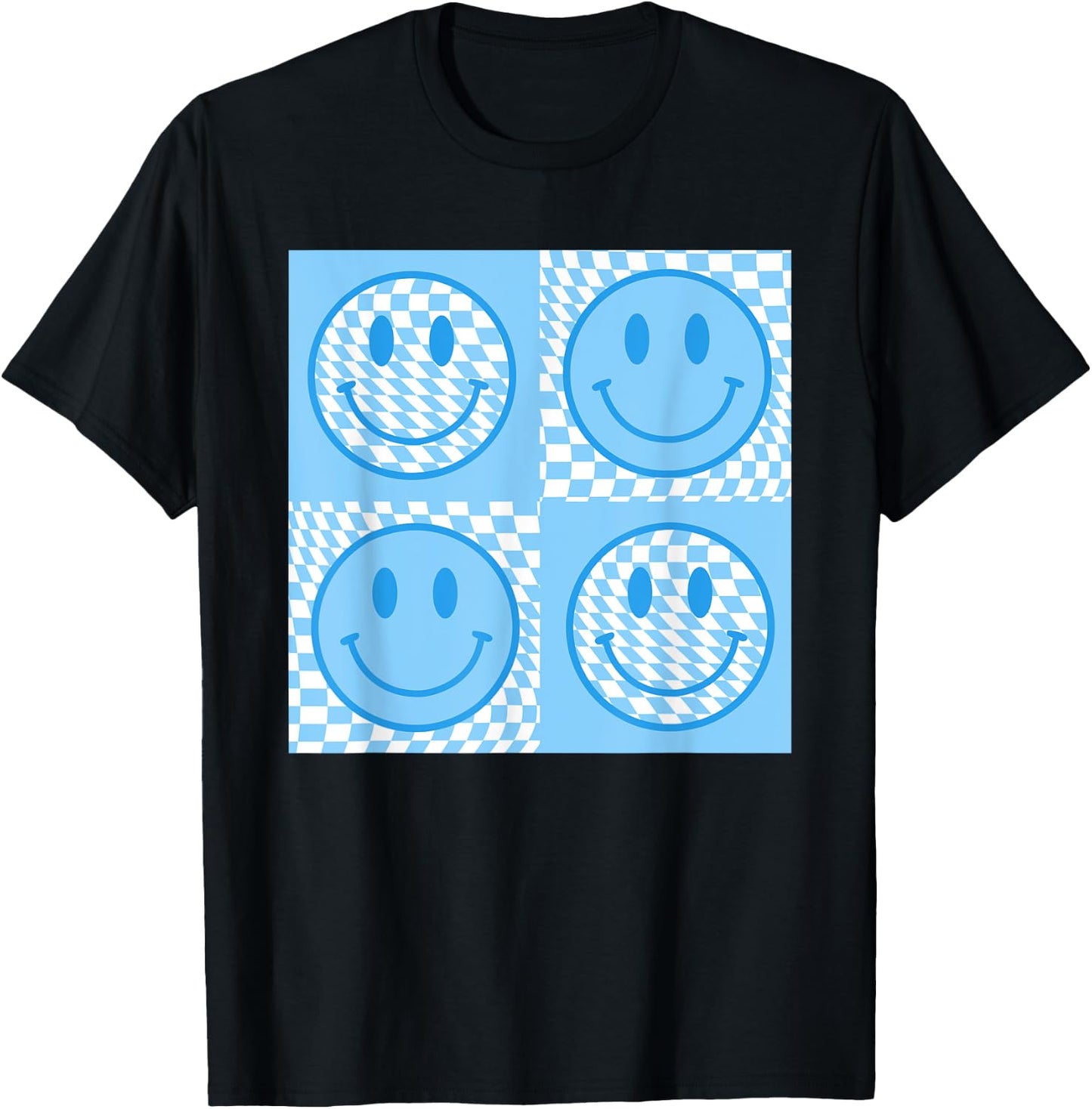 Checkered Pattern Smile Face Meme Blue Happy Face Colorful T-Shirt - T-Shirt | Black