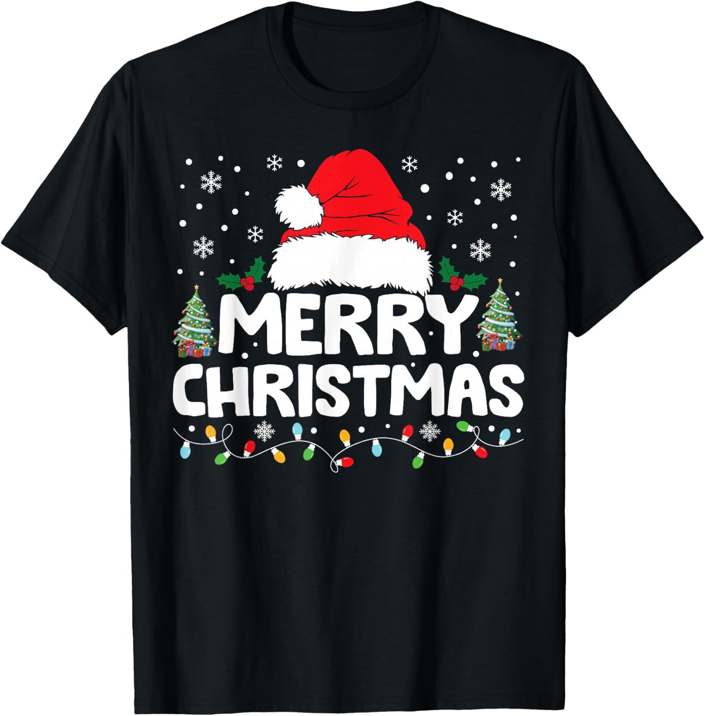 Merry Christmas Lights Red Santa Hat Xmas Family Men Women T-Shirt - T-Shirt | Black