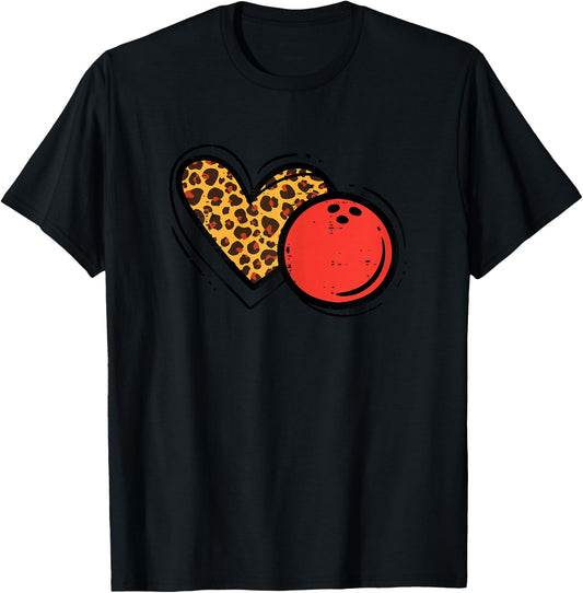 Bowling Ball Leopard Heart Cute Love Bowler Women Girls Kids T-Shirt - T-Shirt | Black