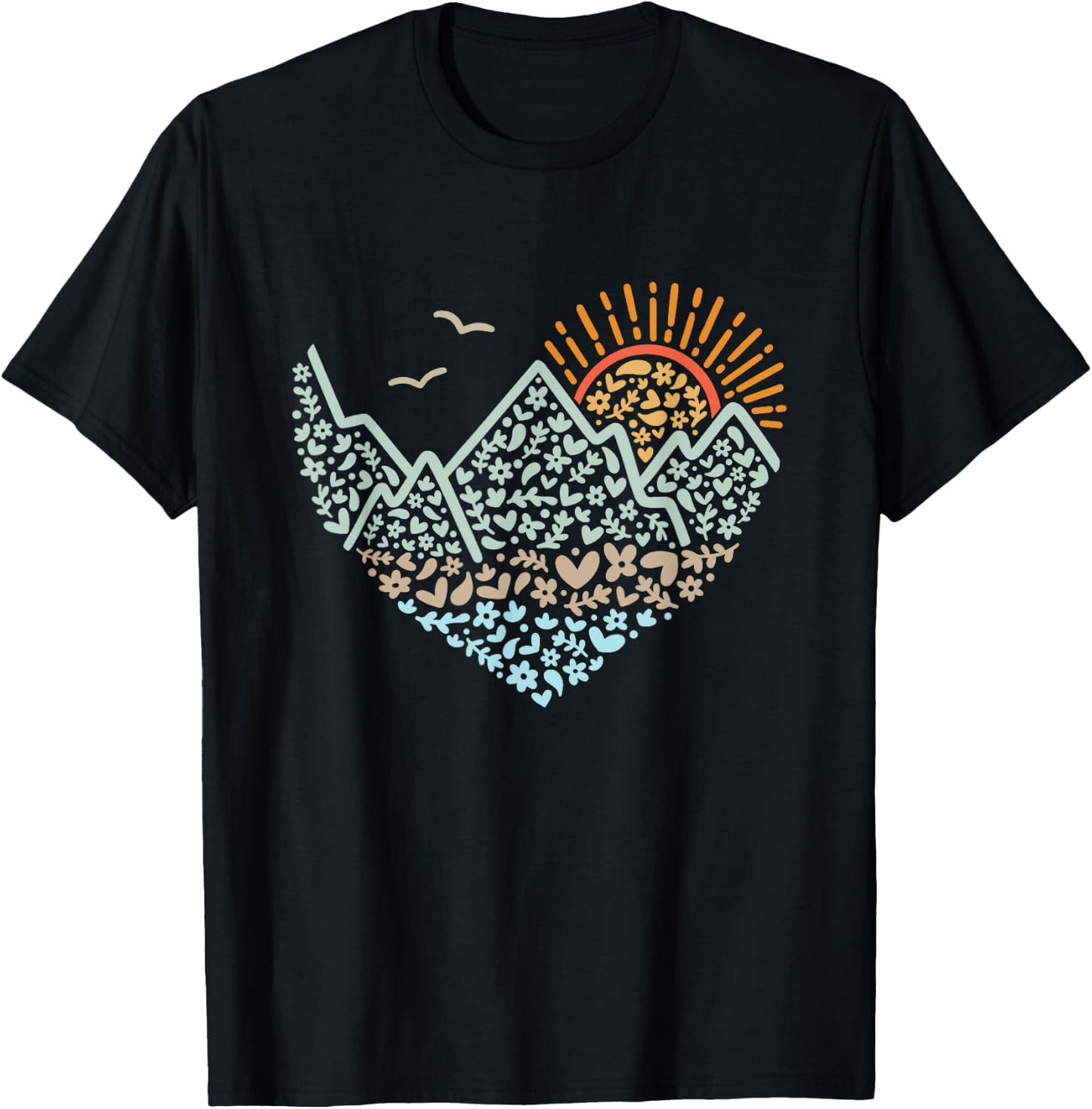 Mountain Heart Floral Sunshine hiking scene design T-Shirt - T-Shirt | Black