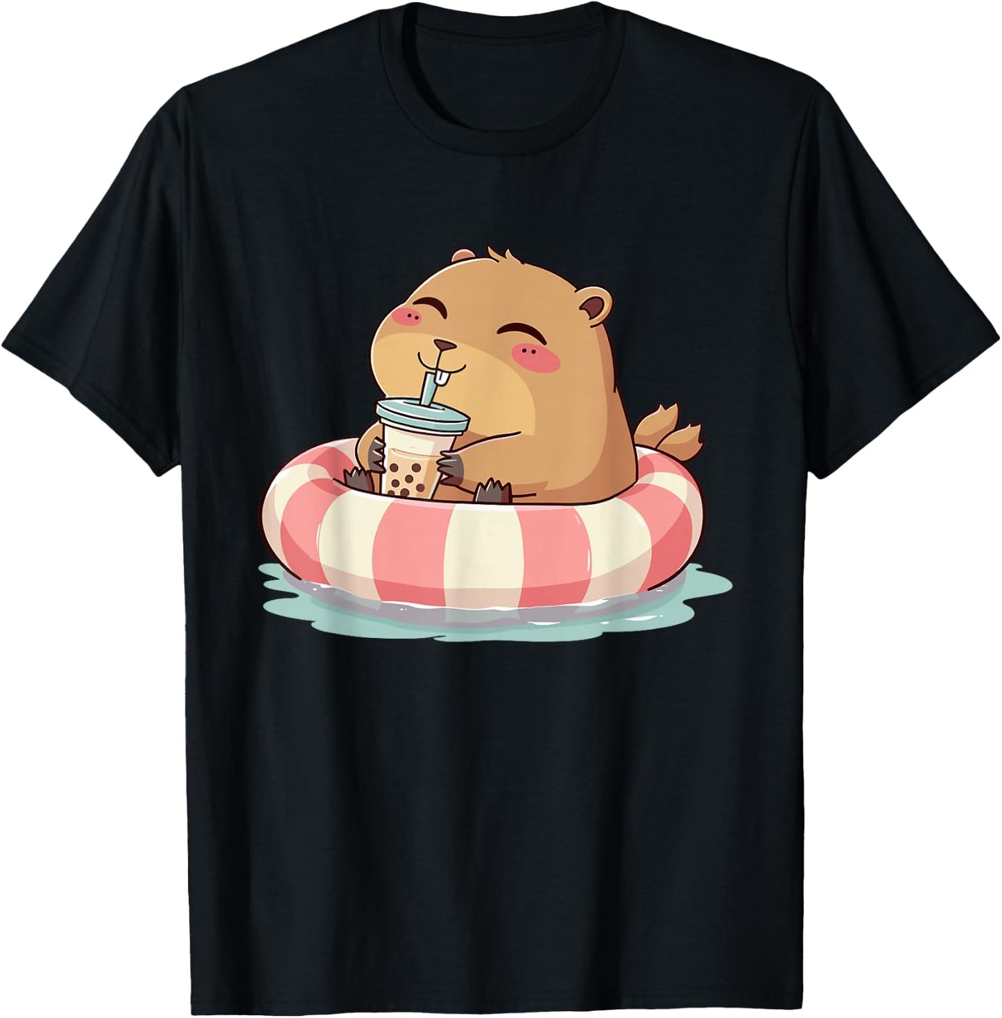 Capybara On Pool Float Drinking Boba Tea Women Girls Kids T-Shirt - T-Shirt | Black