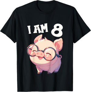 Kids 8 Years old 8 birthday Pigs Boy Girl Pig T-Shirt - T-Shirt | Black
