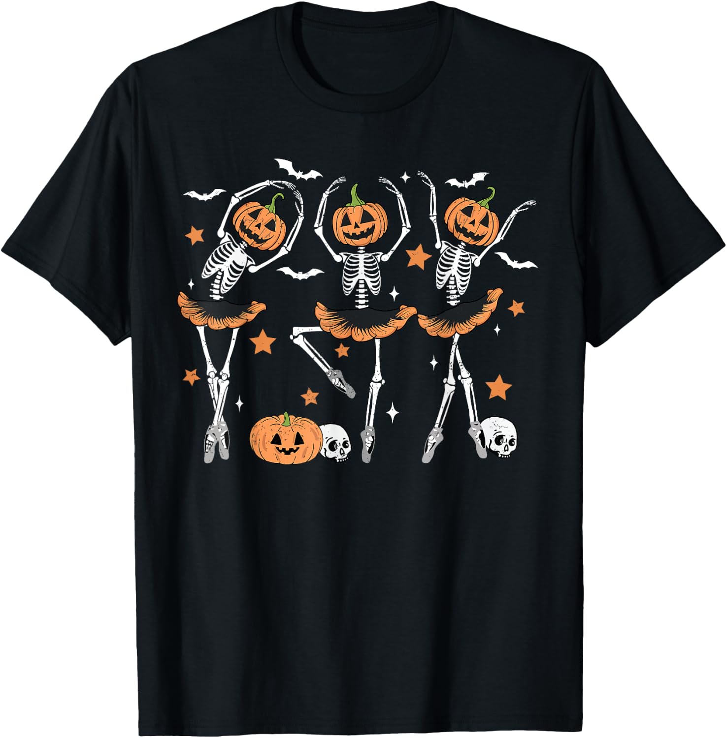 Ballet Pumpkin Skeleton Scary Halloween Men Women Boys Girl T-Shirt - T-Shirt | Black