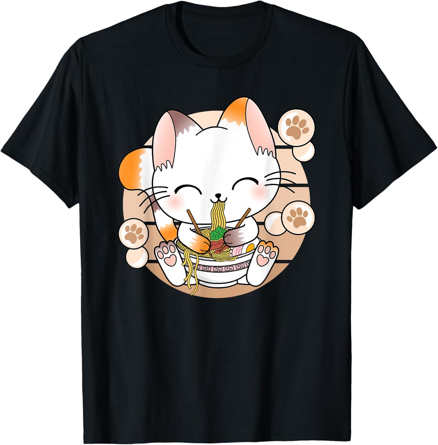 Funny Japanese Anime Cat Ramen Noodles Kawaii Manga , black T-Shirt - T-Shirt | Black