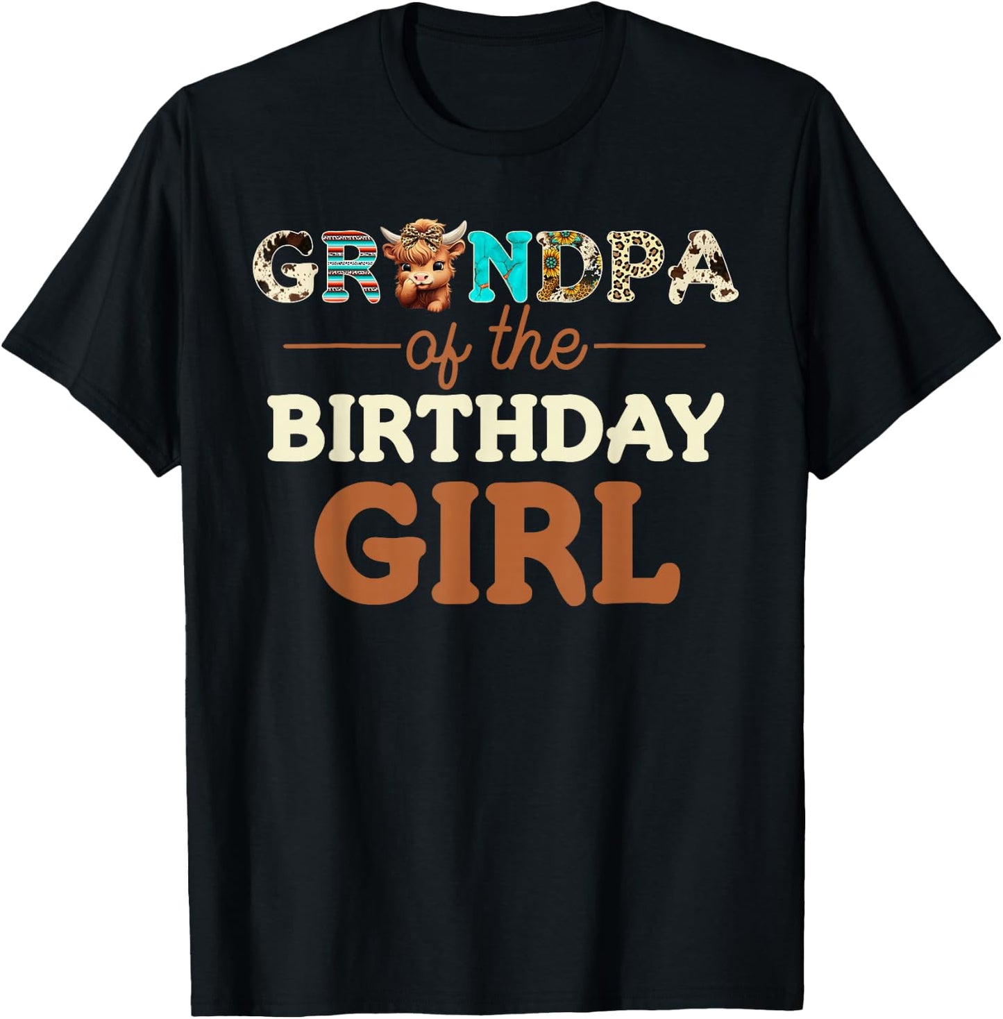 Grandpa of The Birthday Girl Highland Cow Print First Bday T-Shirt - T-Shirt | Black