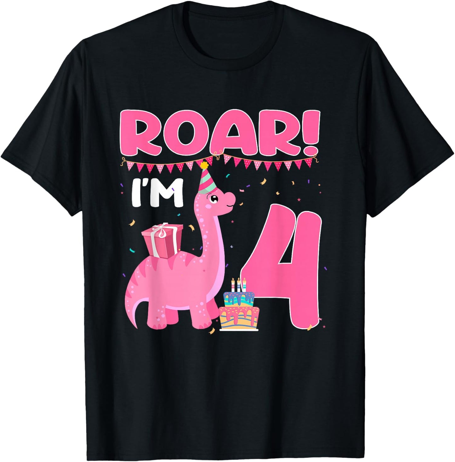 Roar I'm 4 Year Old Dinosaur Girl 4th Birthday Party T-Shirt - T-Shirt | Black