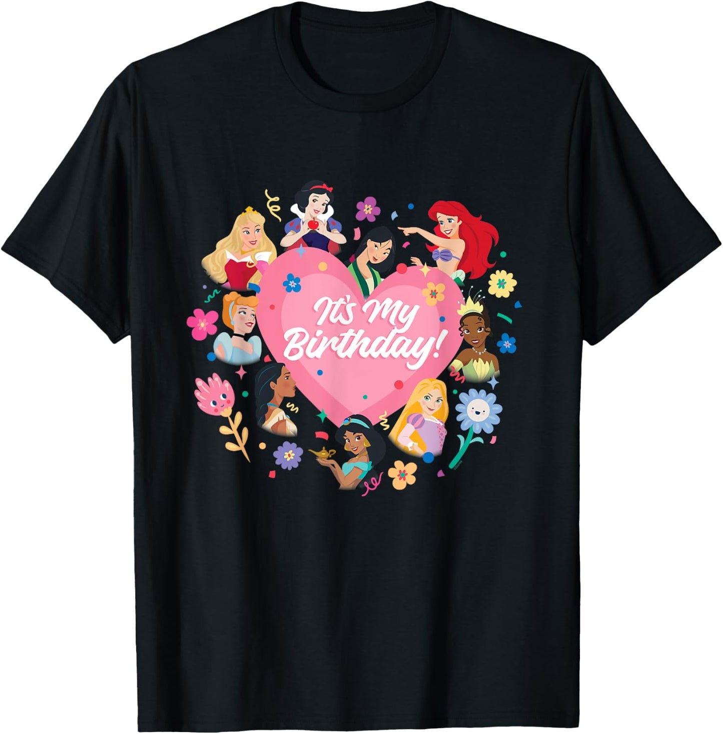 Disney Princess Pink Heart and Flowers It's My Birthday , Black, S T-Shirt - T-Shirt | Black