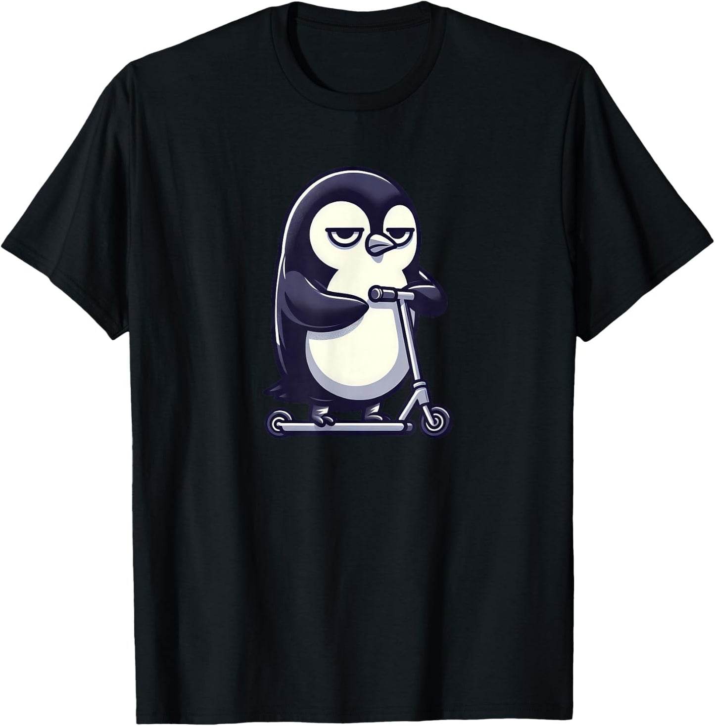 Cartoon Bored Penguin on Scooter T-Shirt - T-Shirt | Black