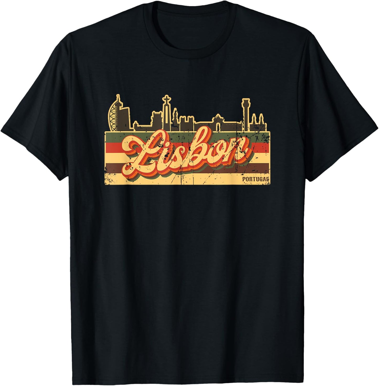 Lisbon Skyline & Portugal Retro Stripes - Portuguese Pride T-Shirt - T-Shirt | Black
