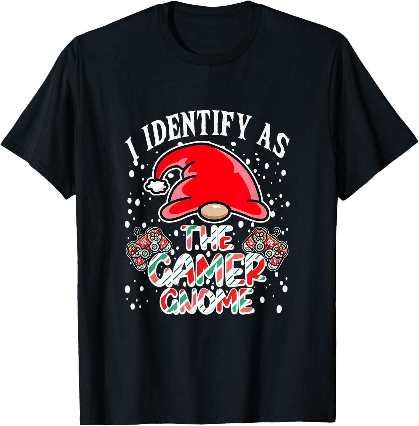 I Identify As The Gamer Gnome Funny Christmas Candy Cane PJs T-Shirt - T-Shirt | Black