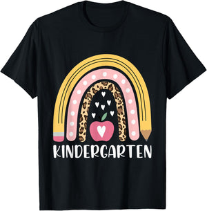 Kindergarten Teacher Leopard Rainbow Teacher Back to School T-Shirt - T-Shirt | Black