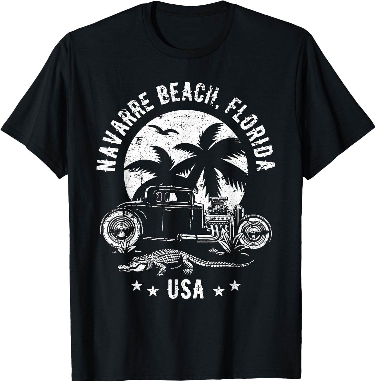 Navarre Beach Florida Sunset Hotrod Distressed Design T-Shirt - T-Shirt | Black