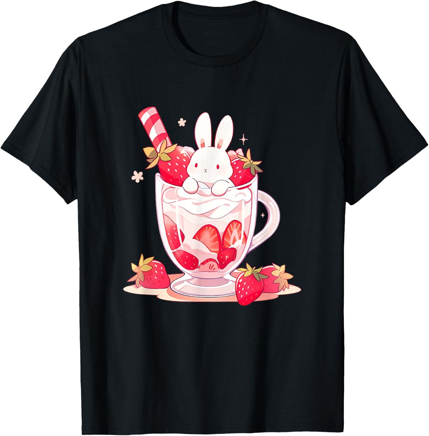 Cute Anime Bunny Rabbit Strawberry Milk Kawaii Harajuku T-Shirt - T-Shirt | Black