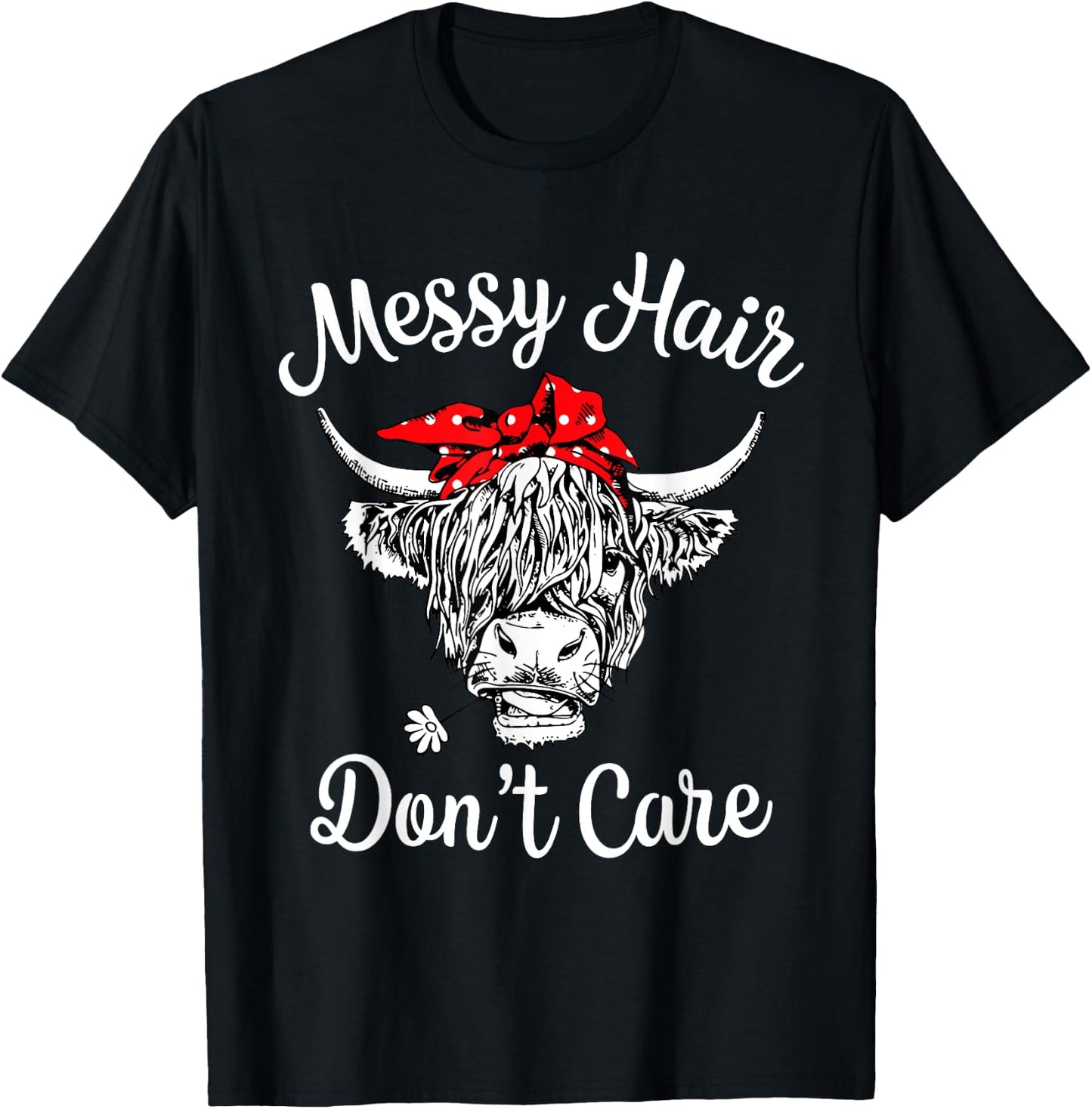 Scottish Highland Cow Leopard Bandana Messy Hair Don't Care T-Shirt - T-Shirt | Black