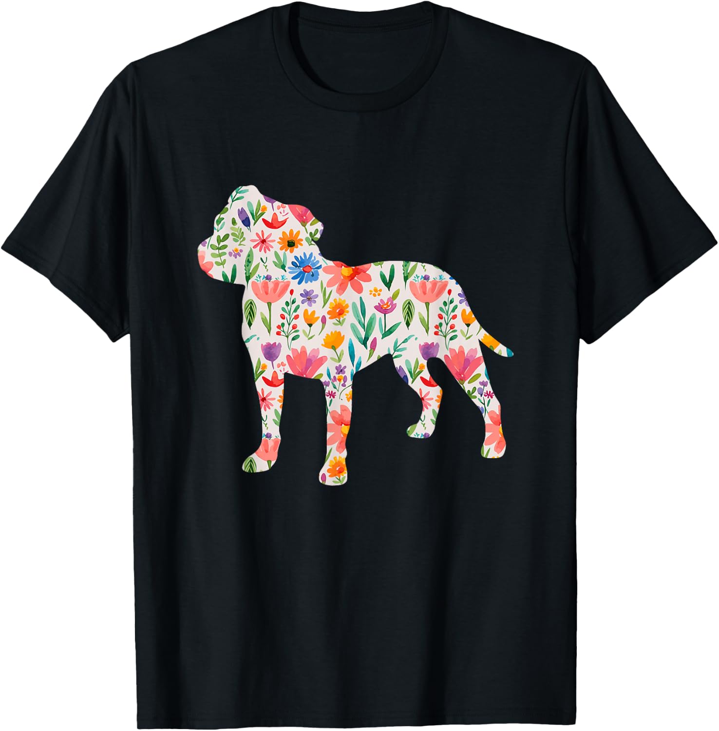Staffordshire Bull Terrier watercolor flowers design T-Shirt - T-Shirt | Black