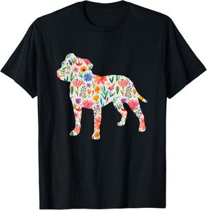 Staffordshire Bull Terrier watercolor flowers design T-Shirt - T-Shirt | Black
