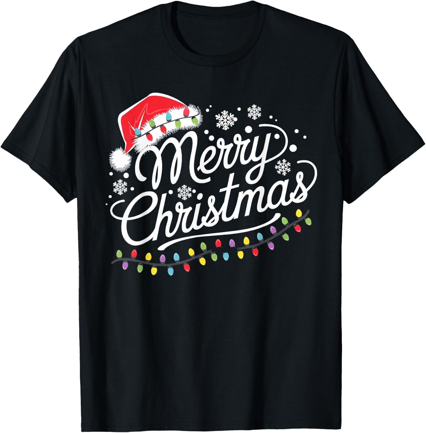 Merry Christmas Lights Red Santa Hat Xmas Family Men Women T-Shirt - T-Shirt | Black