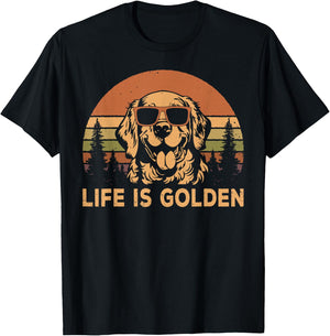 Vintage Golden Retriever Dog Life Is Golden Funny Dog T-Shirt - T-Shirt | Black