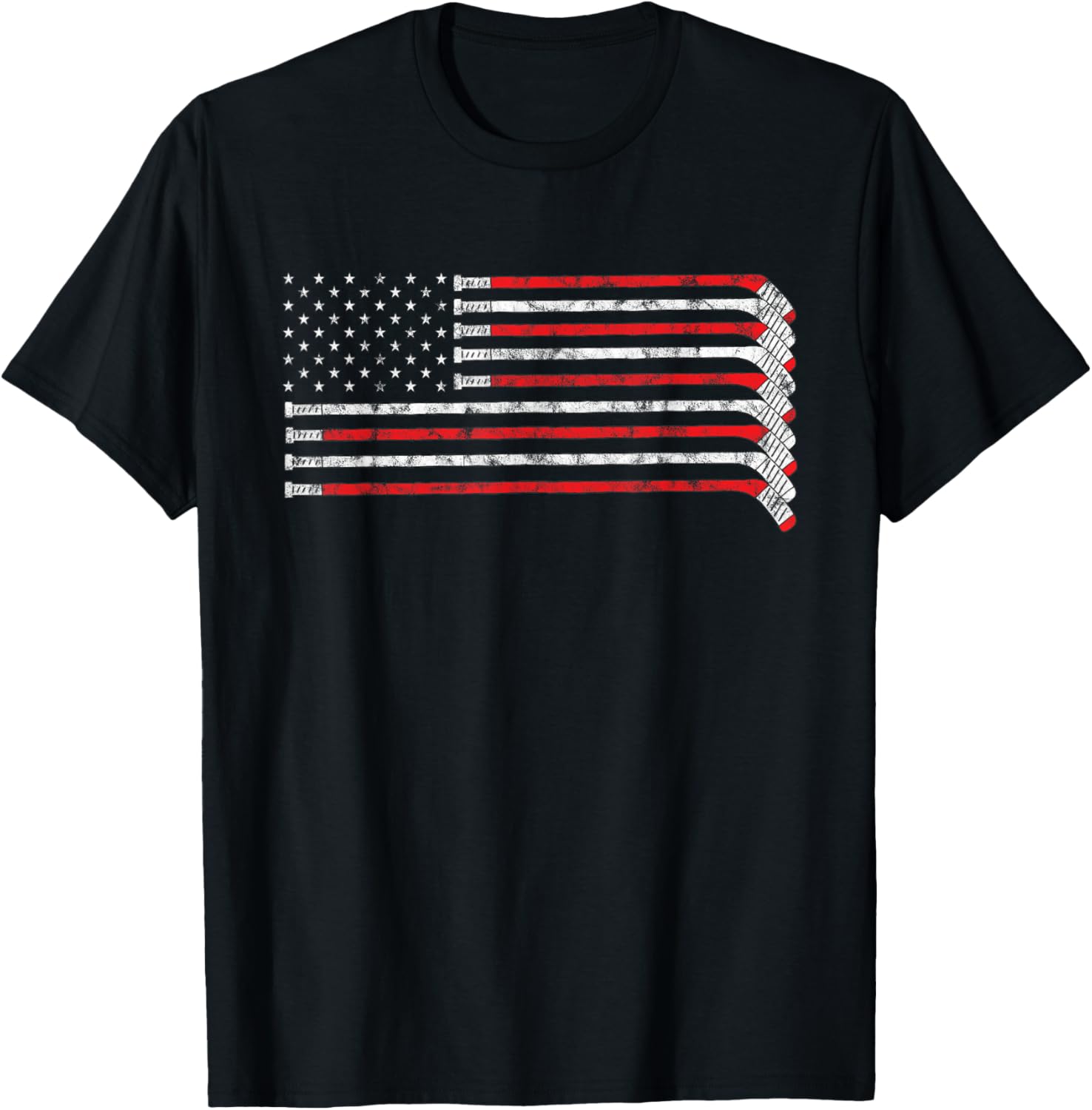 Hockey Stick USA Flag Faded Hockey Player T-Shirt - T-Shirt | Black