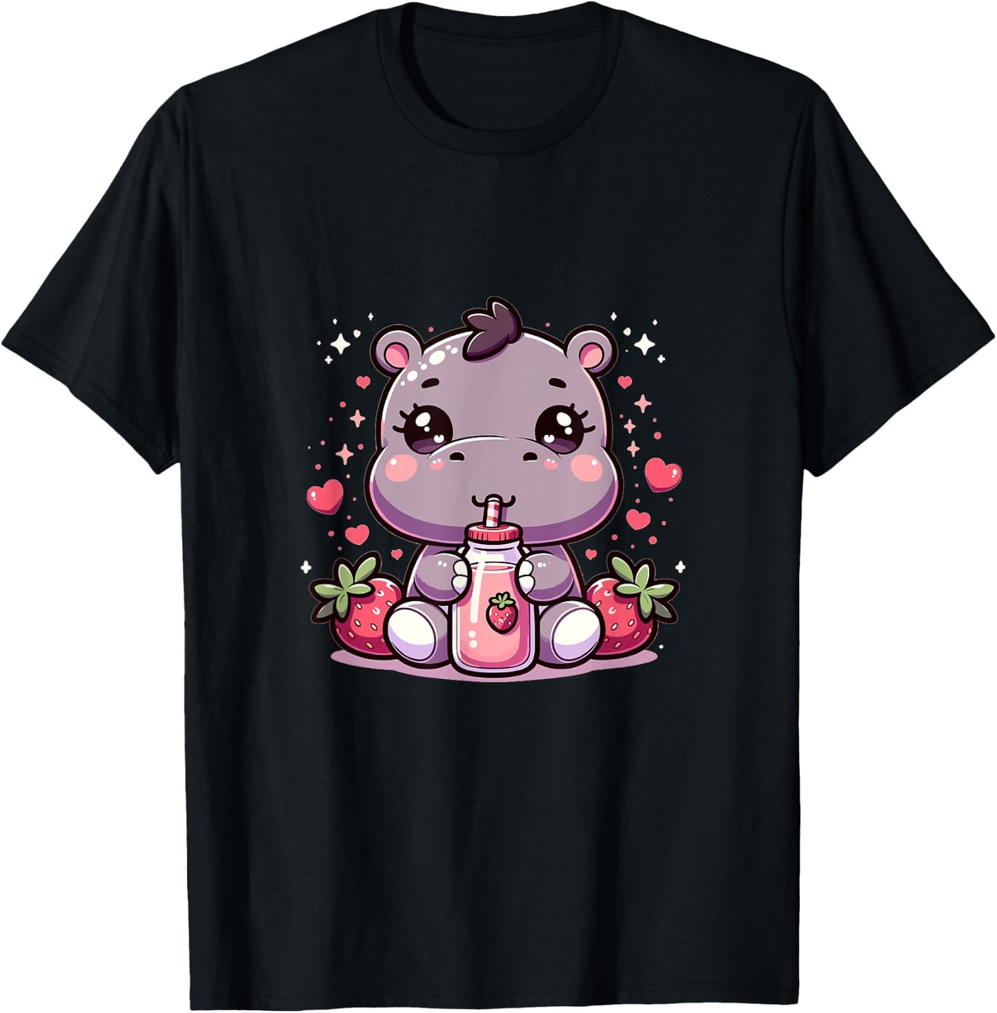 Cute Japanese Kawaii Style Hippo Drinking Strawberry Milk T-Shirt - T-Shirt | Black