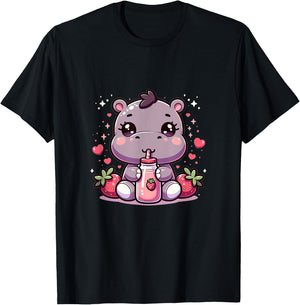 Cute Japanese Kawaii Style Hippo Drinking Strawberry Milk T-Shirt - T-Shirt | Black
