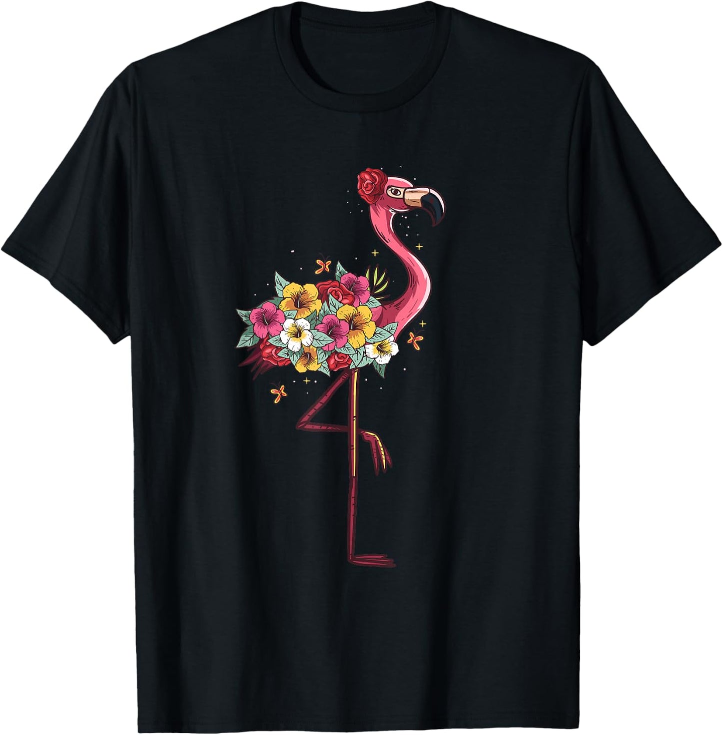 Pink Flamingo Flockers Watercolour Hawaiian Flowers Lover T-Shirt - T-Shirt | Black