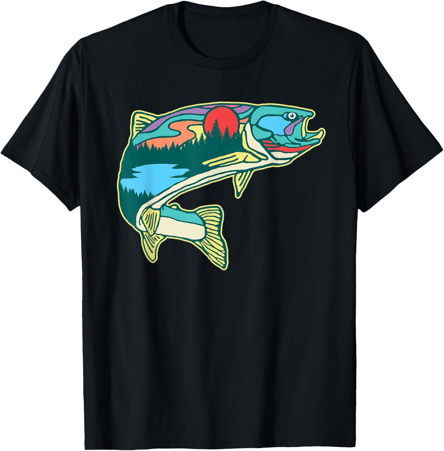 Nature Trout Illustration Vintage Fly Fishing Retro Graphic T-Shirt - T-Shirt | Black